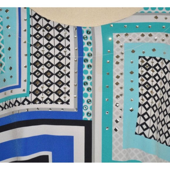 JM Collection Blue Color Block Studded Blouse Top Plus Size 3X Long Bell Sleeves - Picture 3 of 11